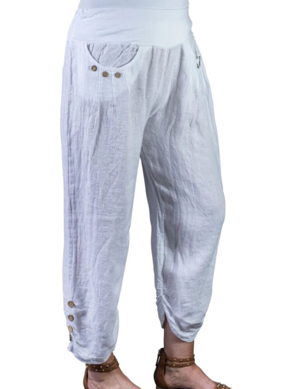 Tina Stephens Georgia Side Ruche Linen Pants White Italy See Measurements Relaxe